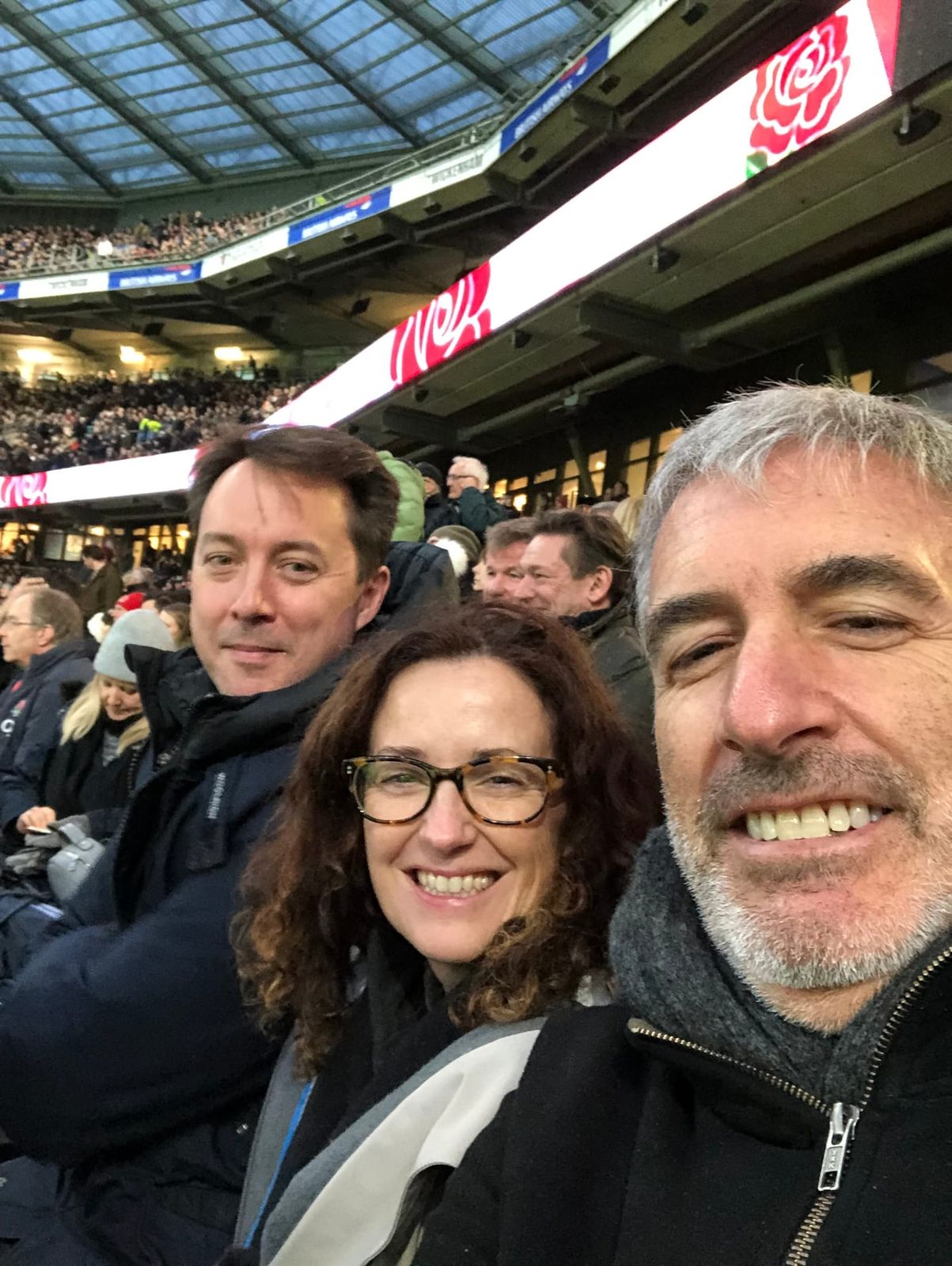 Peter A. Sussman and Sara Curran with Adam Morane-Griffiths at Twickenham